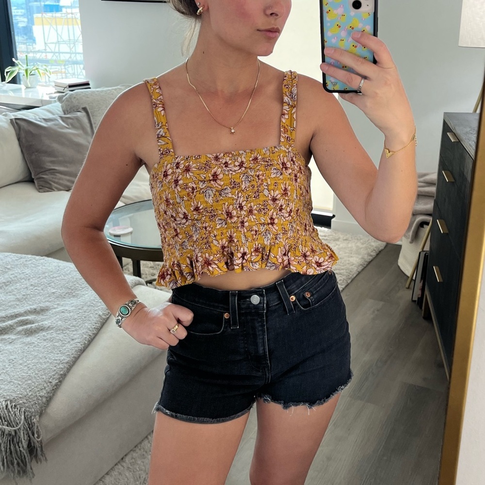 American Eagle Yellow Floral Smocked Tank Top M